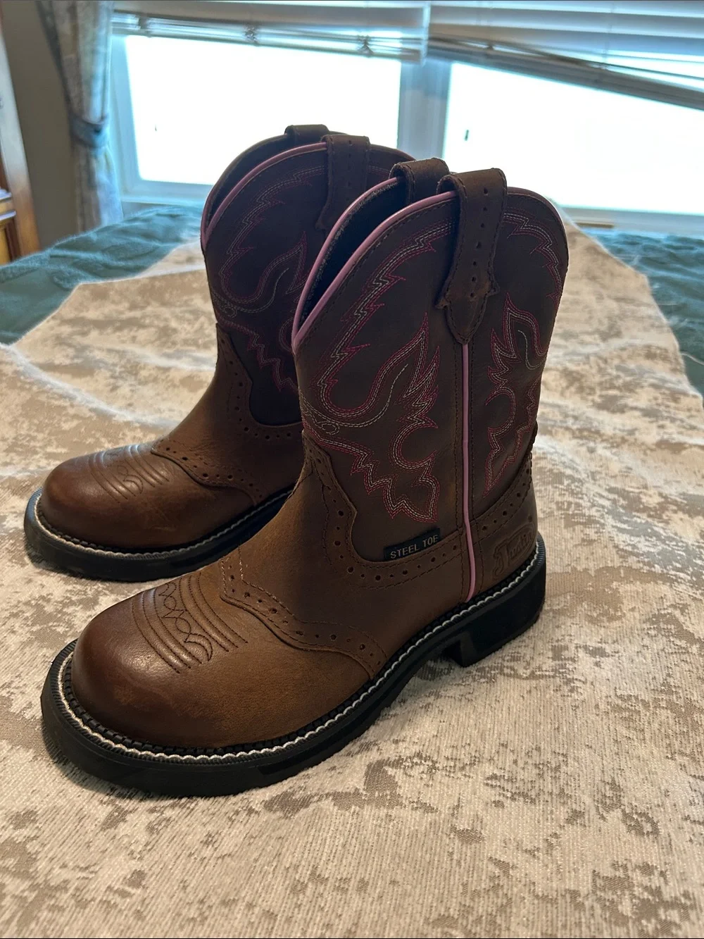 Justin Boots Brown Leather Steel Toe Western Work Boots with Pink Accents